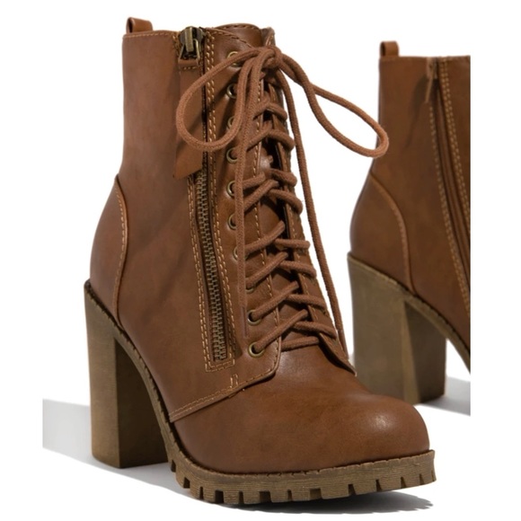 Tan Lace Up High Chunky Heel Combat Boots - Picture 3 of 11